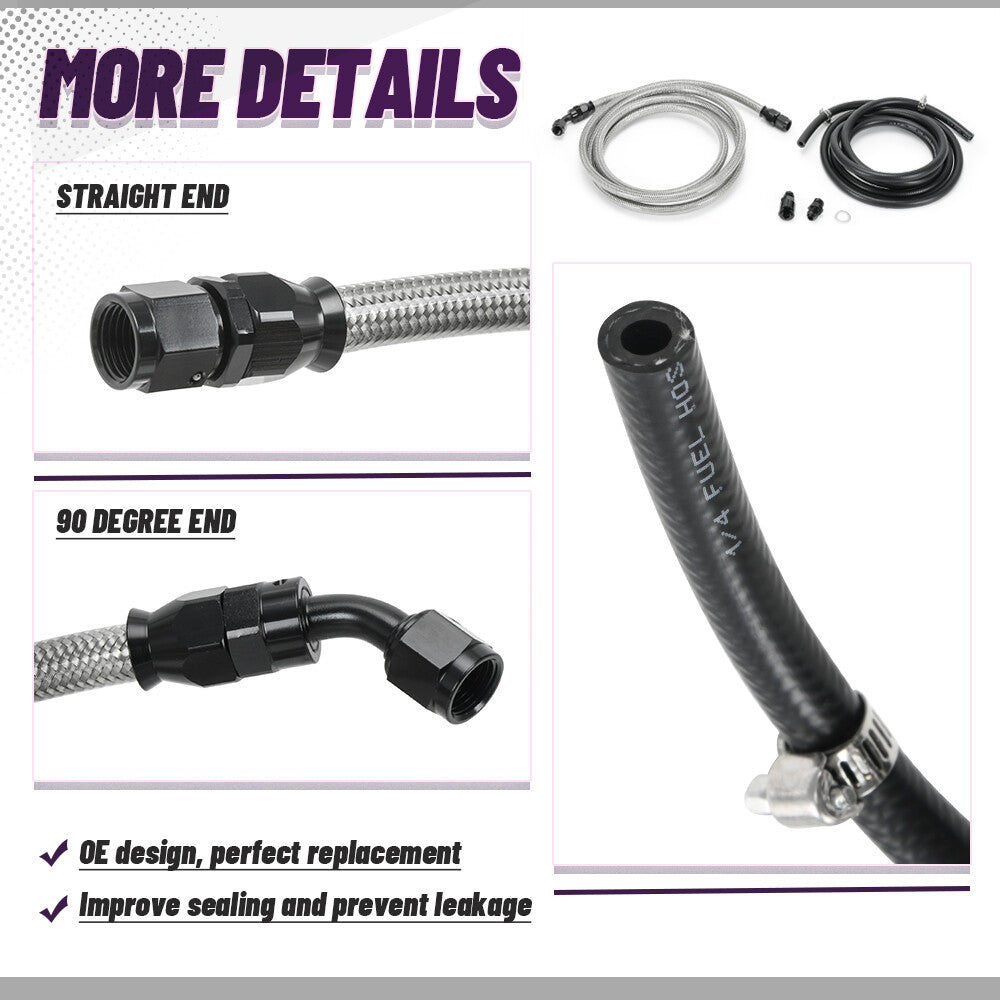 For 96-00 for Civic 4dr Sedan Black Stainless Steel Fuel Feed Line Rubber Return