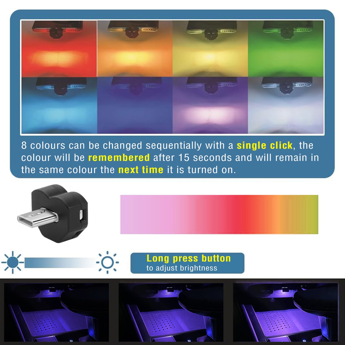 2X for Mini USB LED Light Car Interior Atmosphere Ambient Lamp 8 Gradients