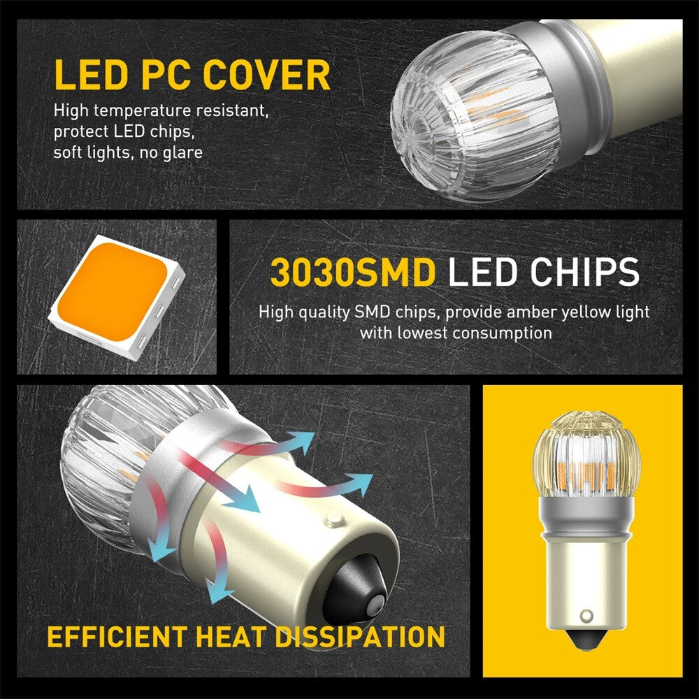 Overspeed warning lights 1156 LED turn signal bulbs flashing, amber light illuminates when parked.