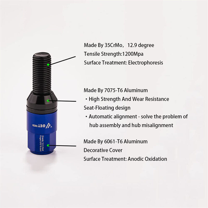 Blue 20-piece M14x1.5 wheel cam bolt tapered for seat stud 28mm kit suitable for most aftermarket applications.