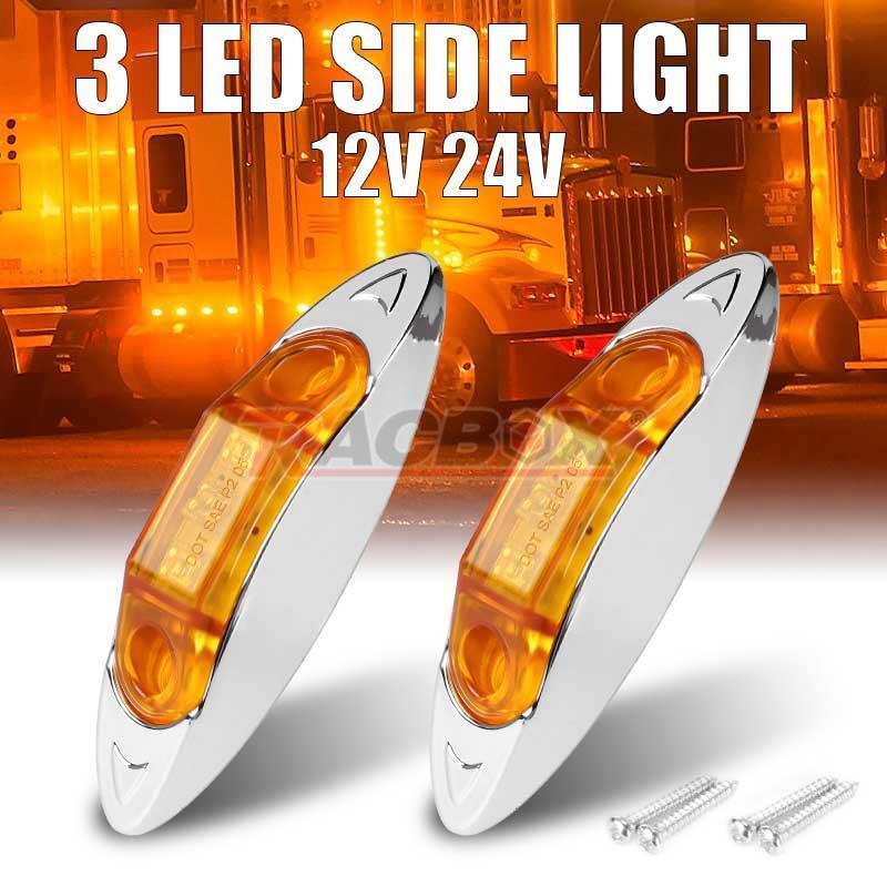 100x Amber 3 LED Side Marker Clearance Lights Chrome 12-24V for Trailer Truck RV