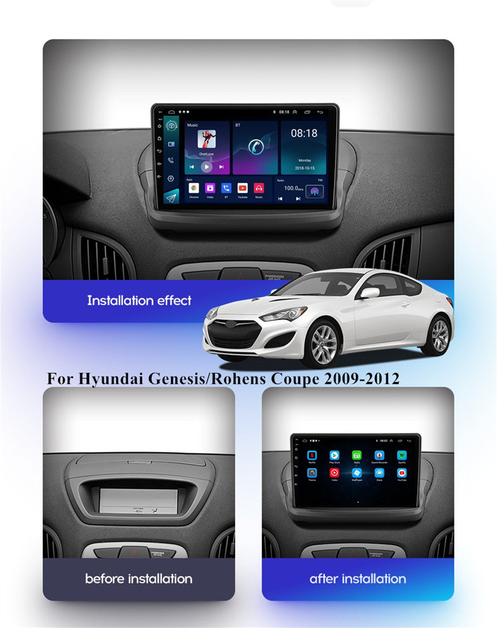9Android 12 1+16G Car Stereo Radio GPS for Hyundai for Genesis /Rohens Coupe 09-12