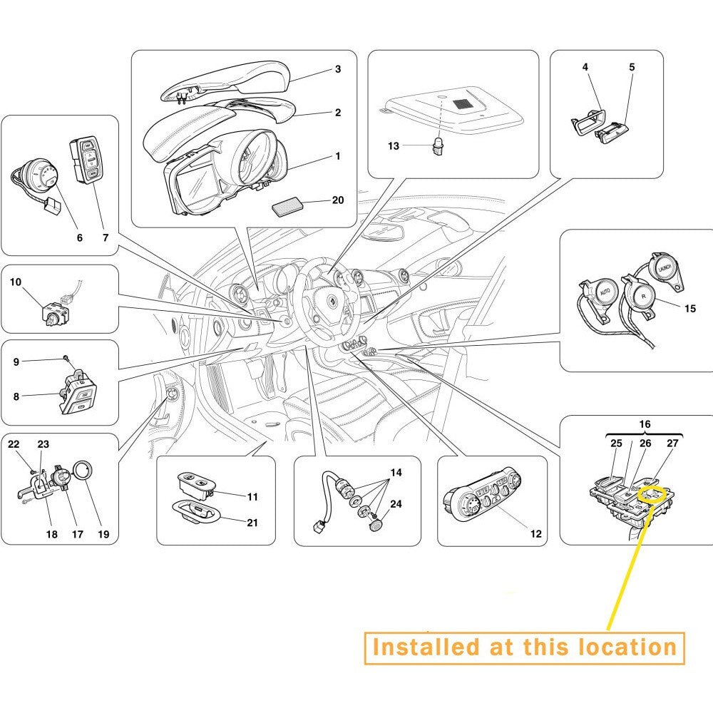 for Ferrari California Window Lift Switch, right-side dock. Equipment Manufacturer: 86257200