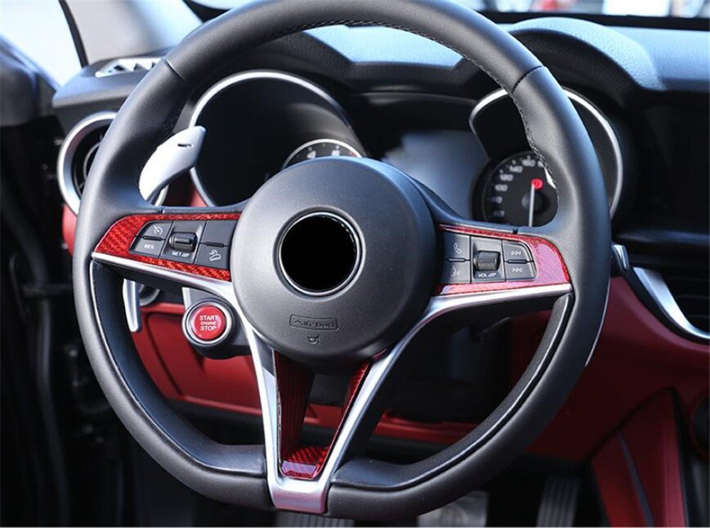 Red Carbon Fiber Steering Wheel Button Trim for Alfa Romeo Giulia Stelvio2017-19