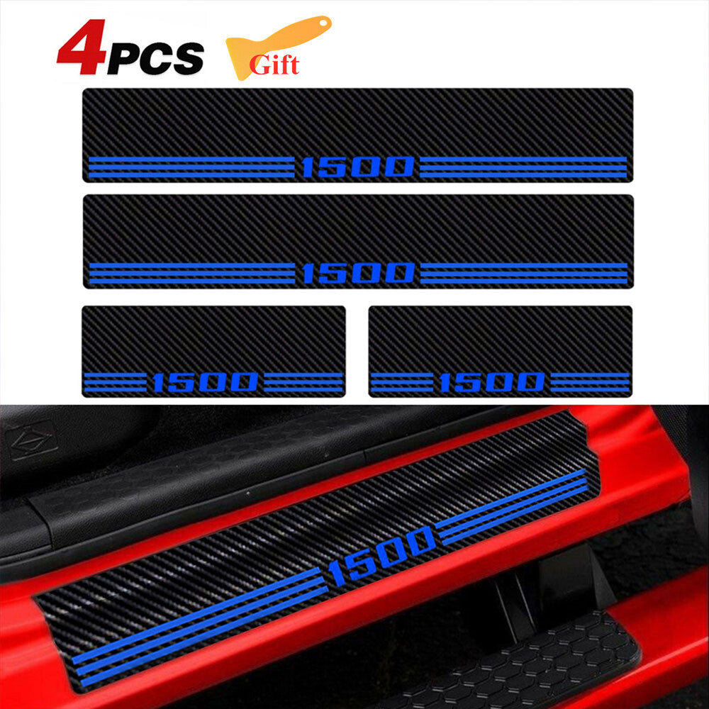 4x for Dodge for Ram 1500 Blue Carbon Fiber Leather Truck Door Sill Plate Covers