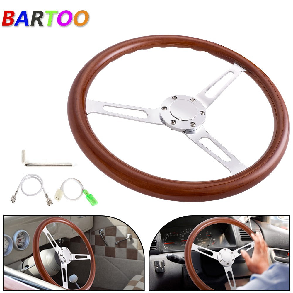 15/380mm Chrome Steering Wheel Stainless Steel Dark Wood Grip w/Horn Button