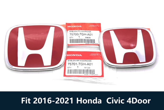 2-Piece Red H Front and Rear Badges for 2016-2021 for Honda for Civic Sean 4DR JDM