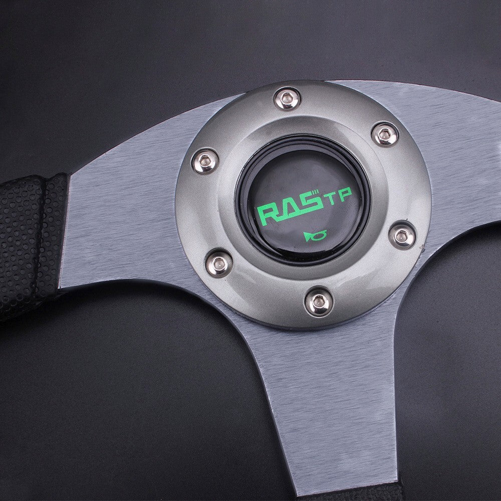 13 Aluminum Leather Universal Gray Steering Wheel+Horn Button for Most Cars
