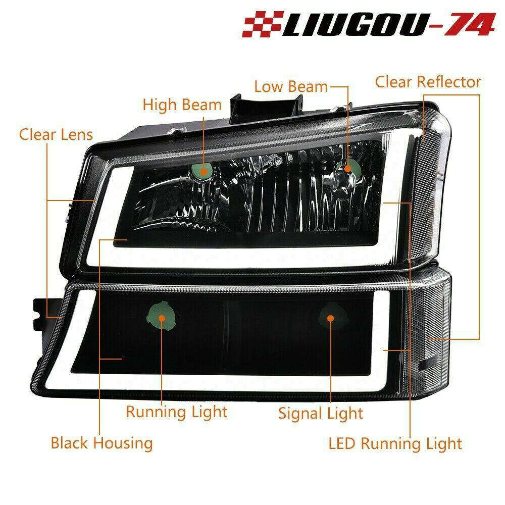 2 pieces for 2003-2007 Silverado, black housing, new headlights, turn signals, bumper, and LED DRLs.