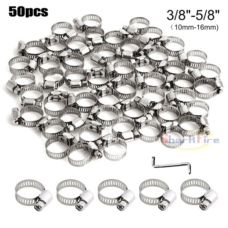 50-pack 3/8 inch - 5/8 inch Stainless Steel Adjustable Drive Hoses Fuel Clips Worm Clips