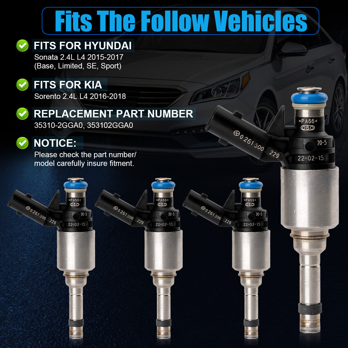 4PCS Fuel Injector Fit for Hyundai Sonata for Kia Sorento 2015-2018 2.4L 353102GGA0