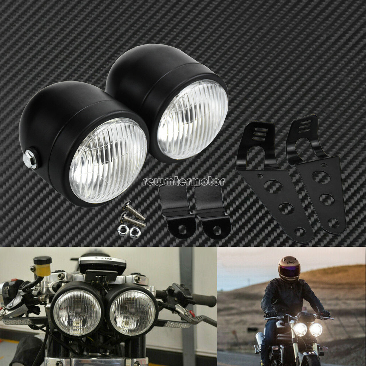 Black Twin Headlight Motorcycle Double Dual Lamp Mount Street Fighter Universal