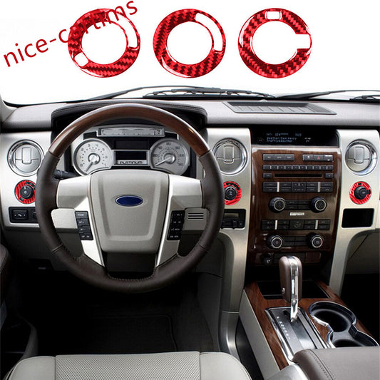Red Carbon Fiber Four Axis Rotary Switch Knob Ring Cover for Ford F150 2009-2014