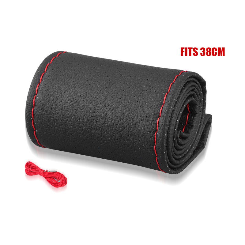 15 DIY Leather Car Steering Wheel Cover Needle Thread Anti-Slip Black 37-38cm
