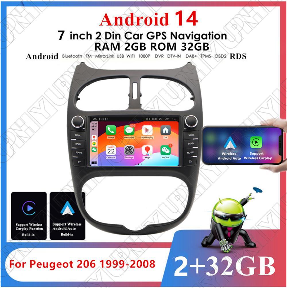 7 Android 14 Radio Stereo GPS Navigation 2+32GB for Peugeot 206 1999-08 Carplay
