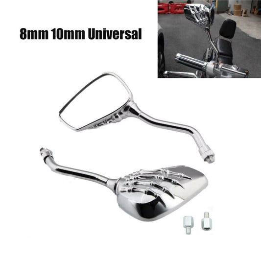 Motorcycle Aluminum Skull Hand Chrome Rearview Side Mirrors 8mm 10mm Universal