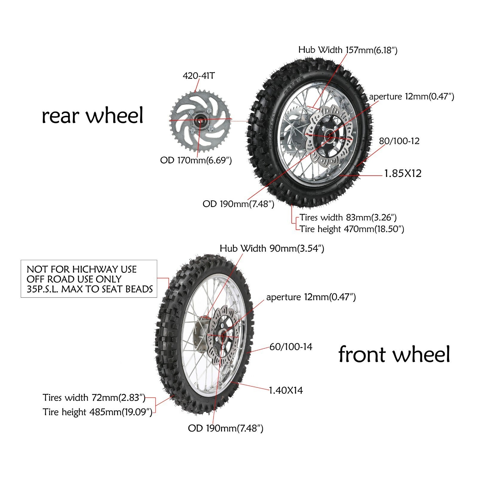 Front 60/100-14 + Rear 80/100-12 tires and rims (Fo), disc brakes (CRF50 XR70 PW80-).