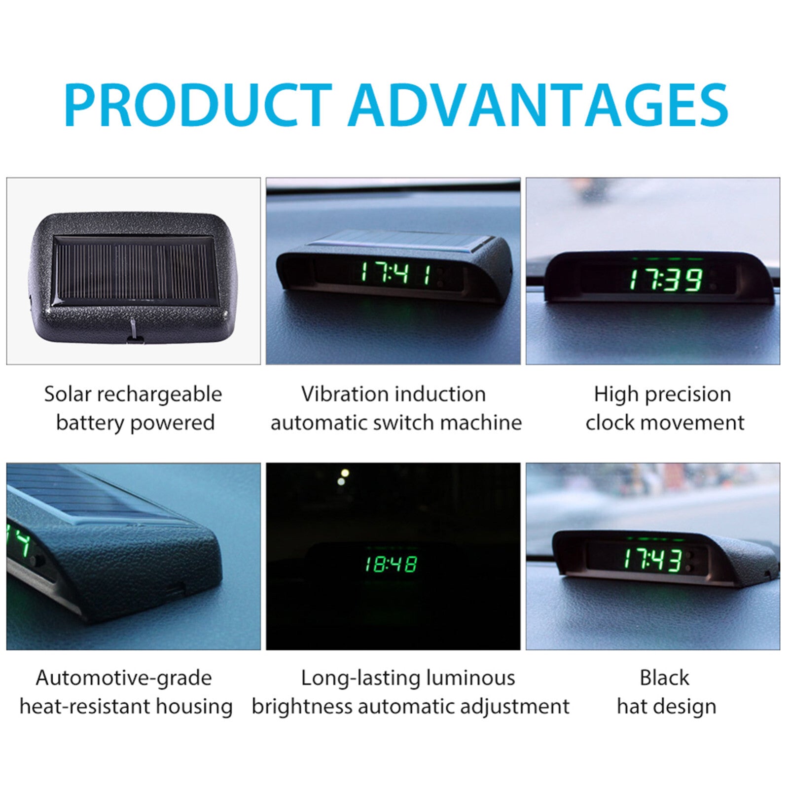 Car Clock Thermometer Solar Powered USB Digital Time Temperature Meter Dashboard