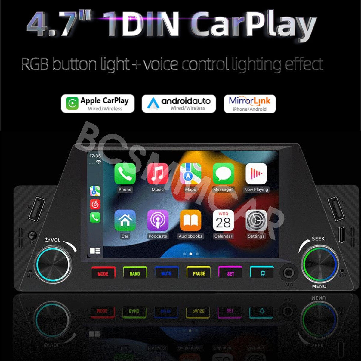 1Din 4.7in Car Stereo Radio Bluetooth For Apple Carplay Multimedia Player W/Cam