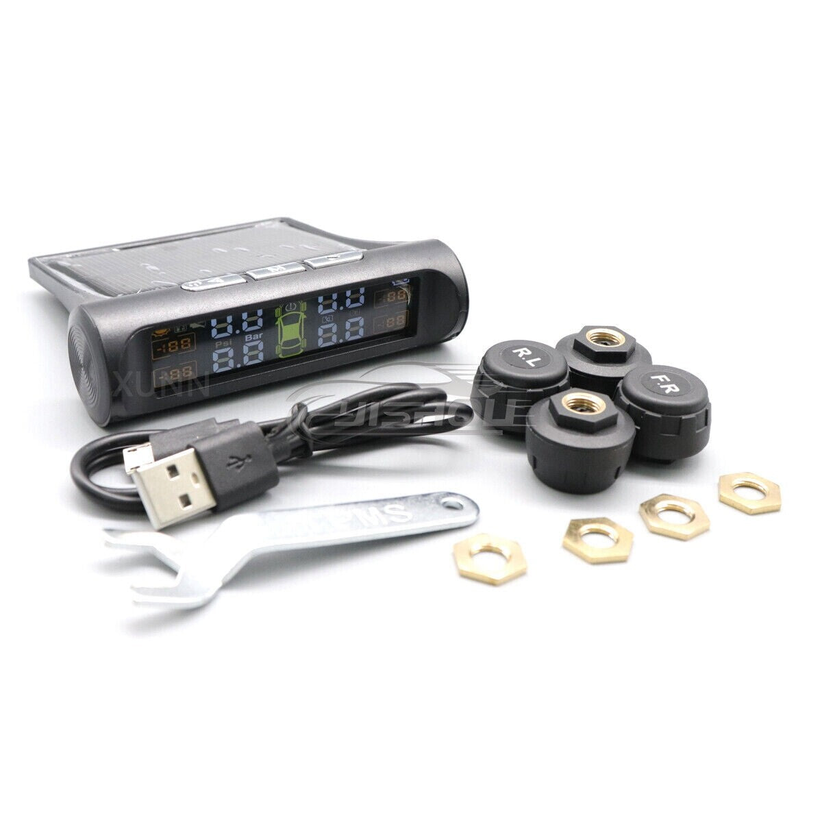 Tire Pressure Monitoring System with USB + Solar-Powered Wireless Automotive TPMS LCD Screen and 4 External Sensors