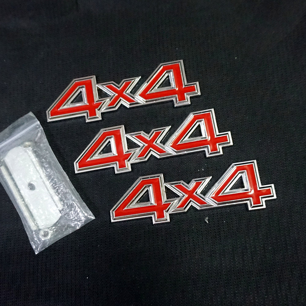 Red Silver 4x4 Chrome Metal Grille Emblem + 2x Decal Sticker Badge Motor Limited