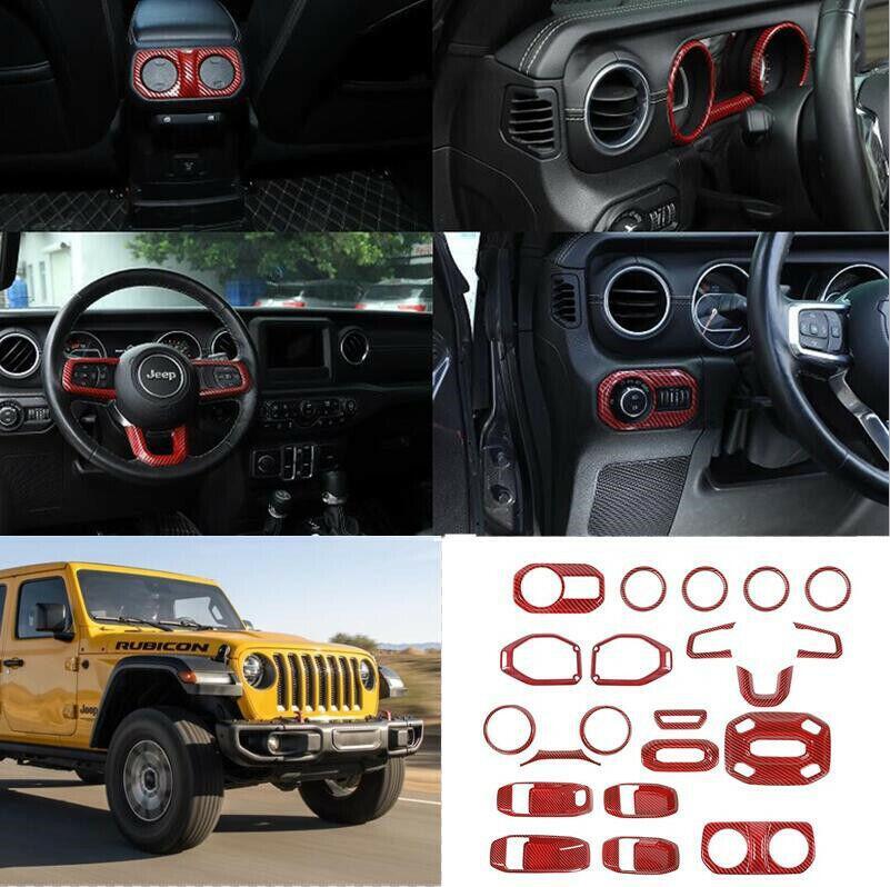 Fit for Jeep for Wrangler JL/JT 18-2021 21PCS red carbon Car Interior kit Cover Trim