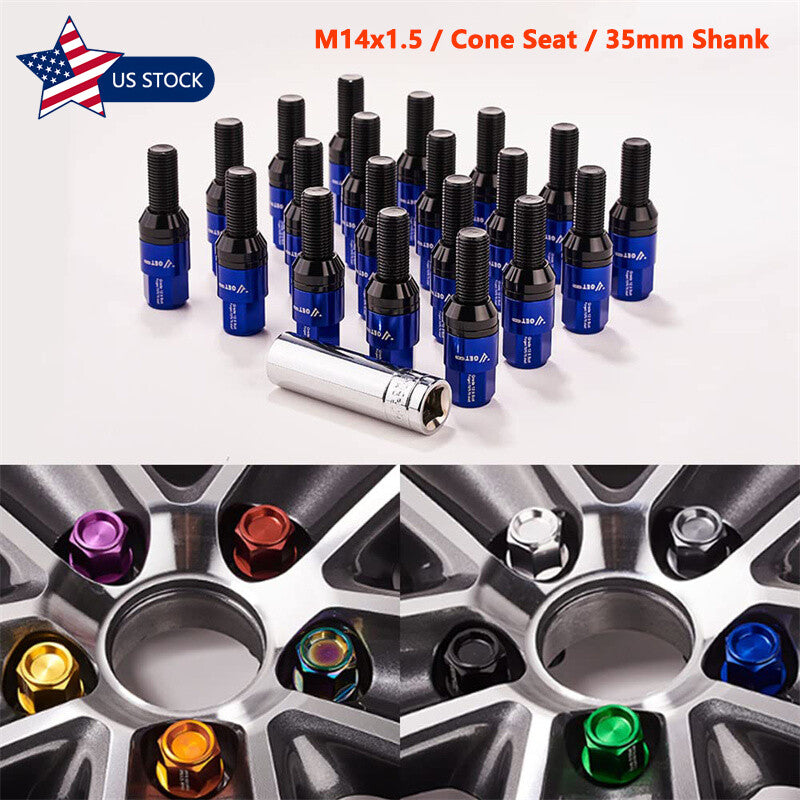 20PCS M14x1.5 Blue Wheel Lug Bolt 35mm Shank Cone for Seat Stud for Most Aftermarket
