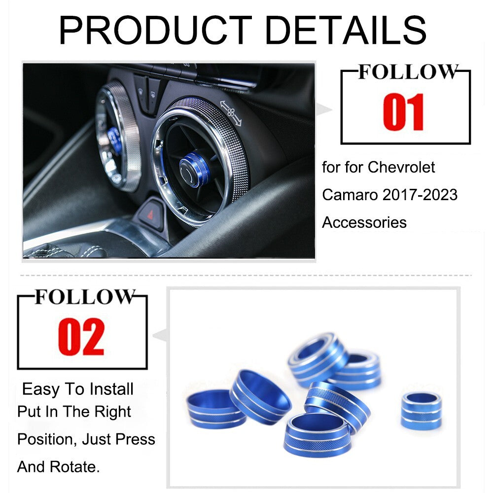 Blue Dashboard Air Vent Outlet Knob Cover Trim Ring for Chevrolet Camaro 2017-23