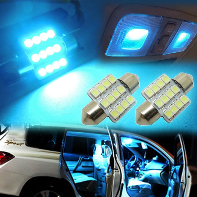 2pcs ice blue 12LED 12SMD 1.25 31mm LED Bulbs Car interior reading door lights