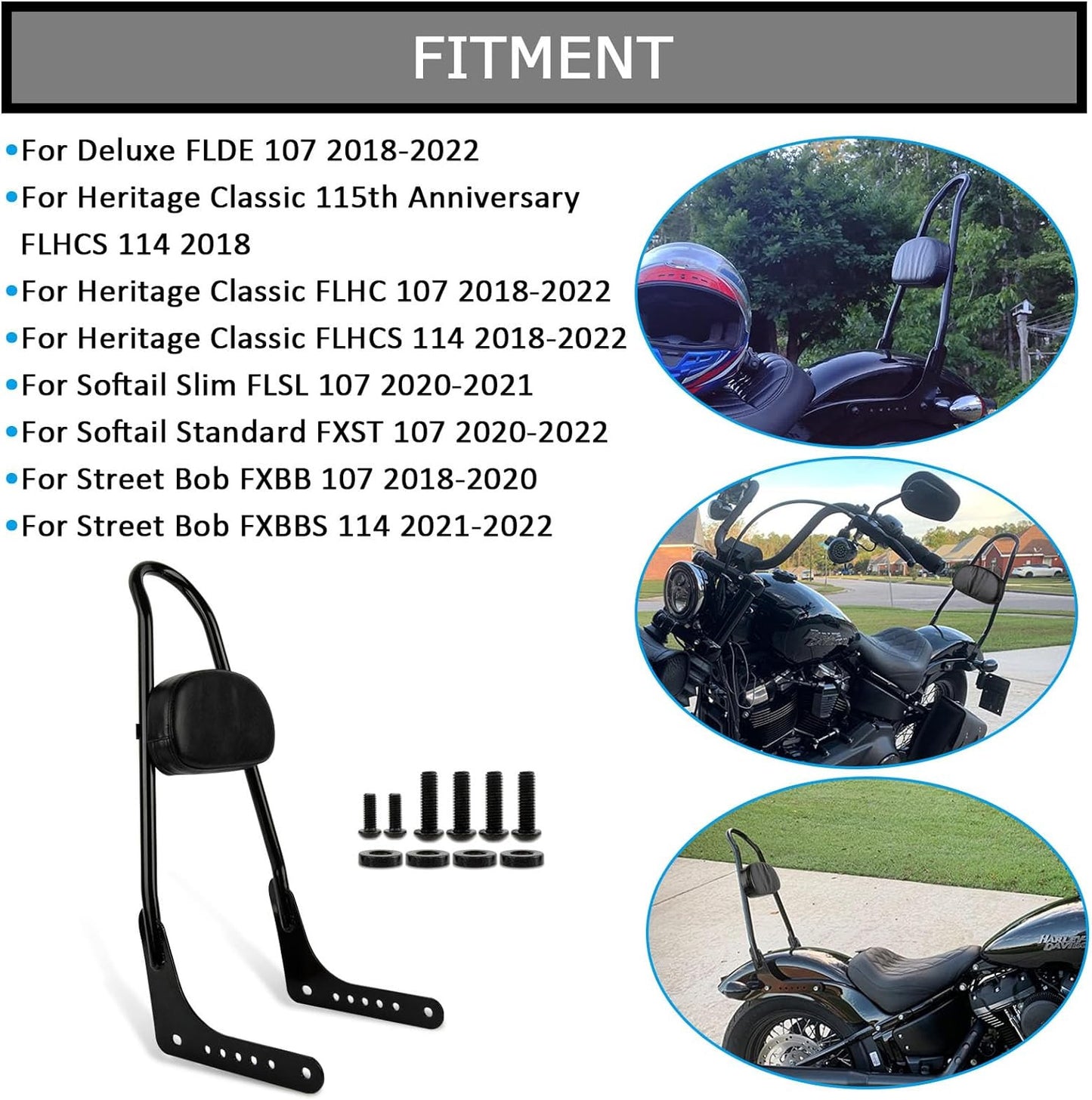 Black Rear Sissy Bar Backrest For Fat Bob FXFBS 114 2018-2023 Deluxe FLDE 18-21