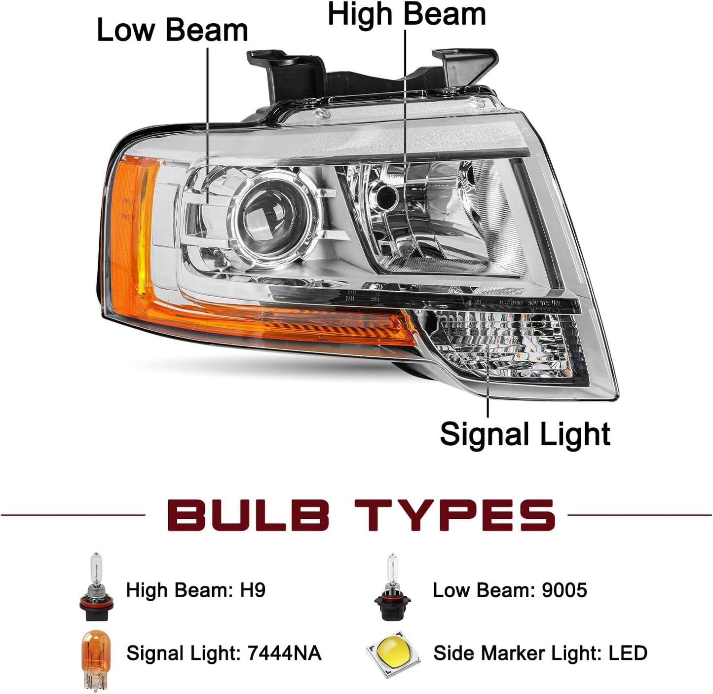 Chrome Projector Headlight Assy For 2015-2017 for Ford Expedition Driver Passenger