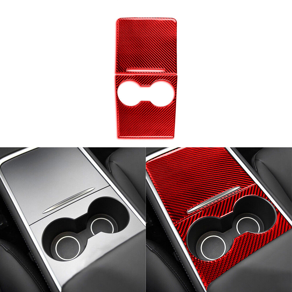 Red Carbon Fiber Center Console Cupholder Cover Trim for Tesla for Model Y 3 Type B