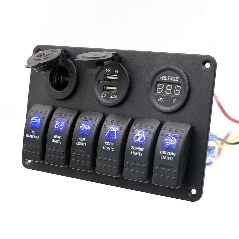 Dual USB Socket Red Voltmeter 12V Car Boat 6 Gang Button Panel Cigarette Lighter