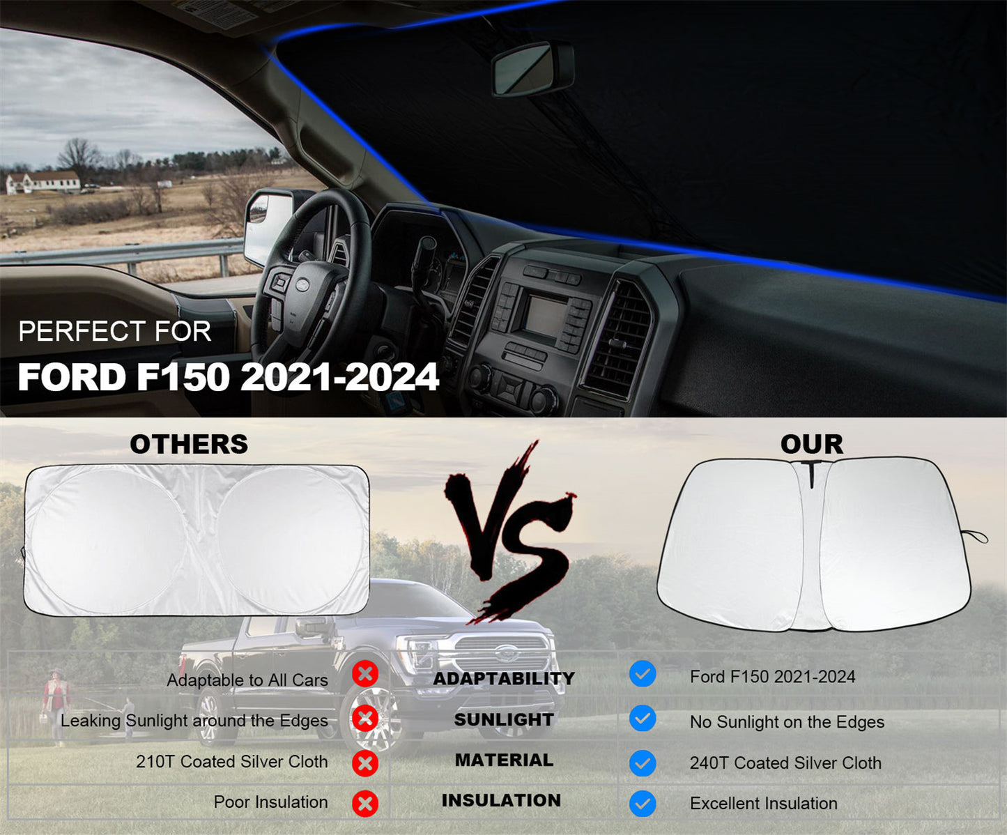 For 2021-2024 for Ford F150 Cab Front Windshield Sun Shade UV Block Cover Accessory