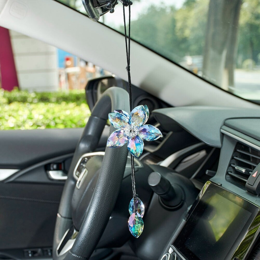 Shiny Crystal Flower Car Rear View Mirror Pendant Colorful Car Hanging Ornament
