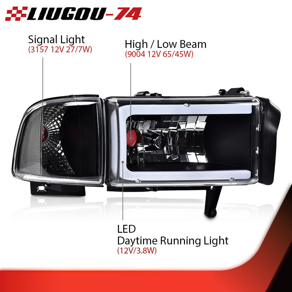 Black/transparent corner LED DRL headlights suitable for 94-02 for Dodge for Ram 1500 2500 3500
