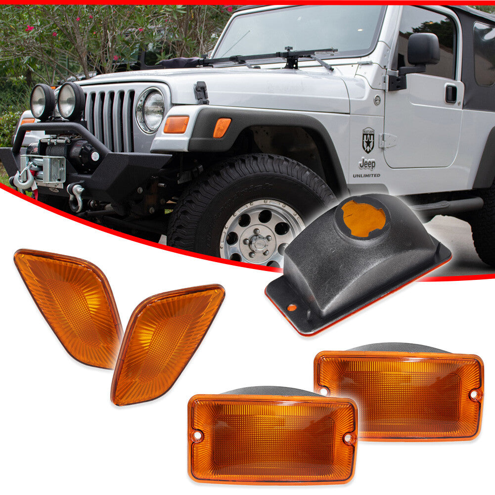 4-Piece Amber Bumper Signal Lights + Mudguard Side Marker Lights for Jeep for Wrangler TJ 1997-2006