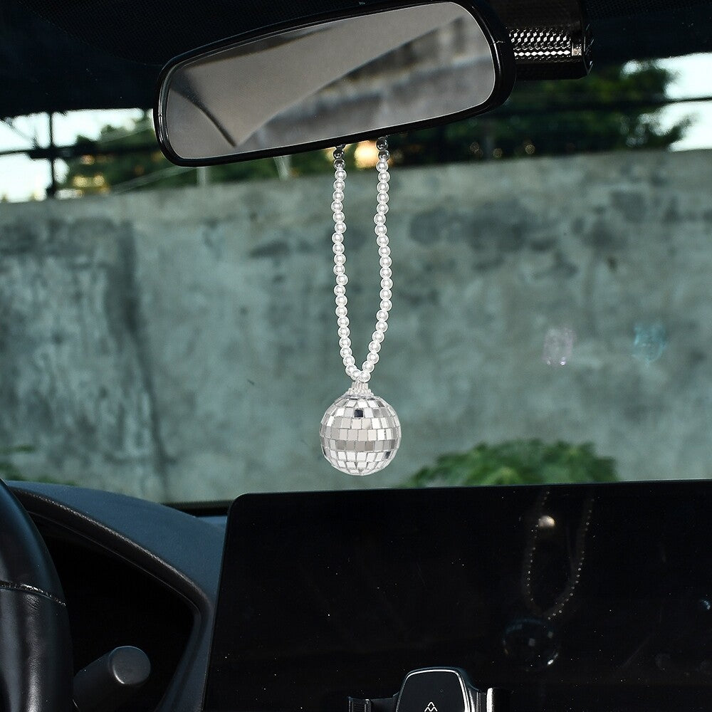 Silver Bling Disco Ball Car Rear View Mirror Hanging Ornament Pearl Chain Women