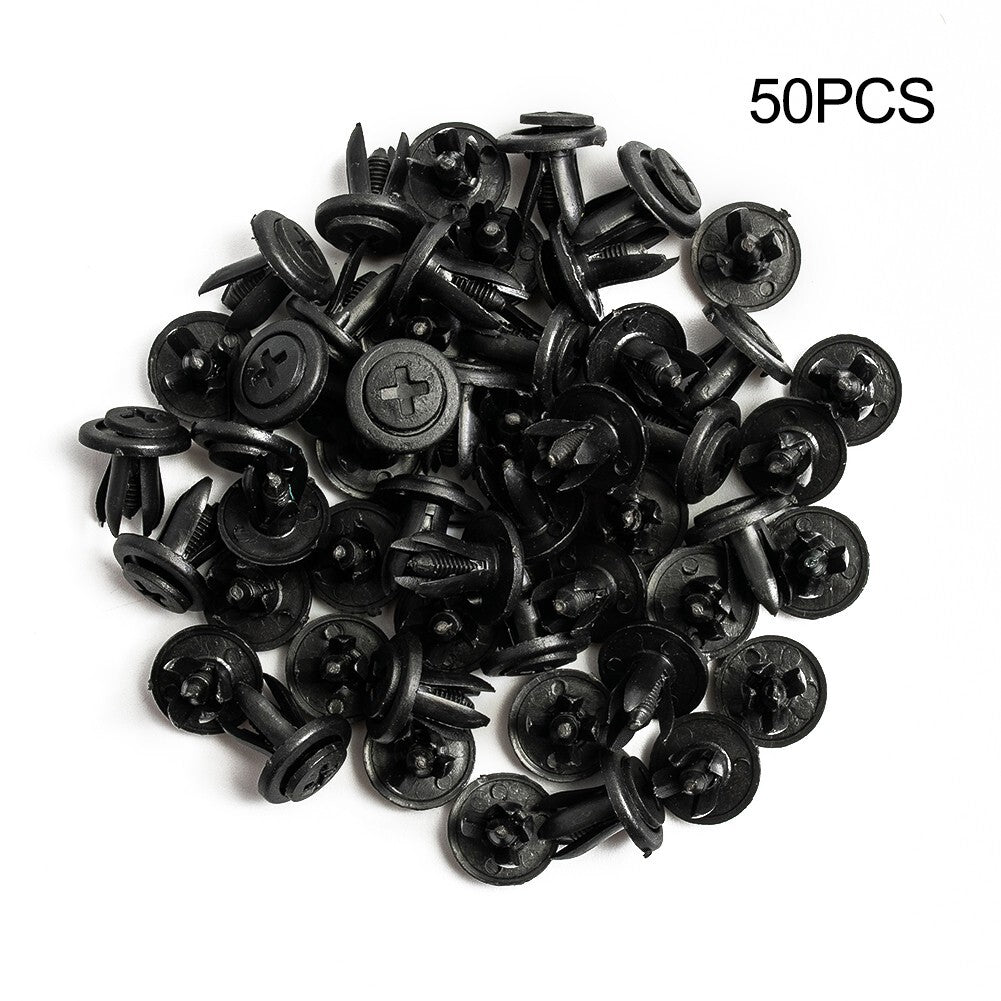 50-piece pack of automatic car brake pads, mudguards, bumper clips, plastic rivets, and fasteners