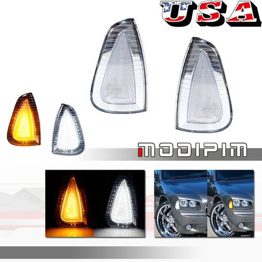2-Piece Transparent LED Side Marker Signal Lights, Amber with White Stripe, Suitable for Dodge Chargers 2006-2010