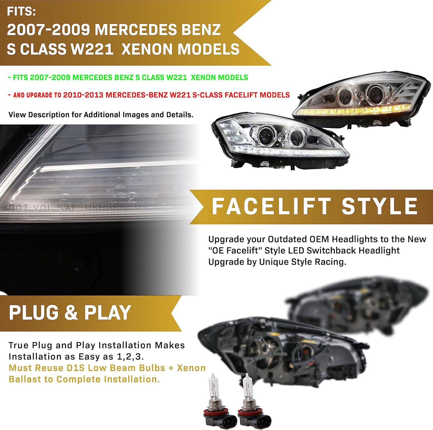 for Mercedes S Class 2007-2009 Upgrade 2010-2013 W221 S400 S550 AMG Headlights