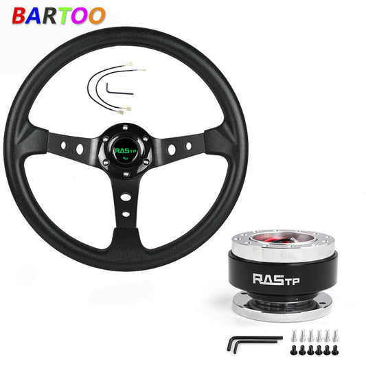 14 6 Hole Drifting Racing Steering Wheel +Quick Release Adapter Black Aluminum