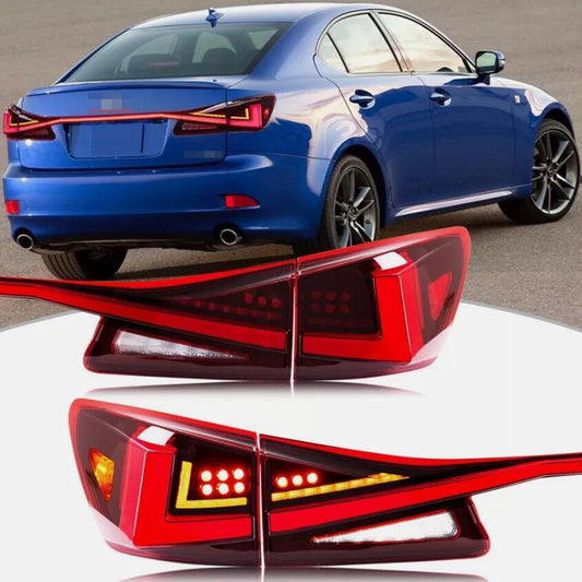 Red lens for Lexus IS250 IS350 ISF 2006-2013 with LED taillights and trunk light strip.