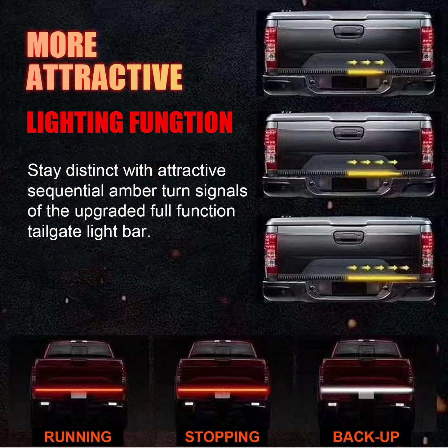 New Rows Truck Strip Tailgate Light Bar Reverse Brake Tail Signal Lamp Pickup
