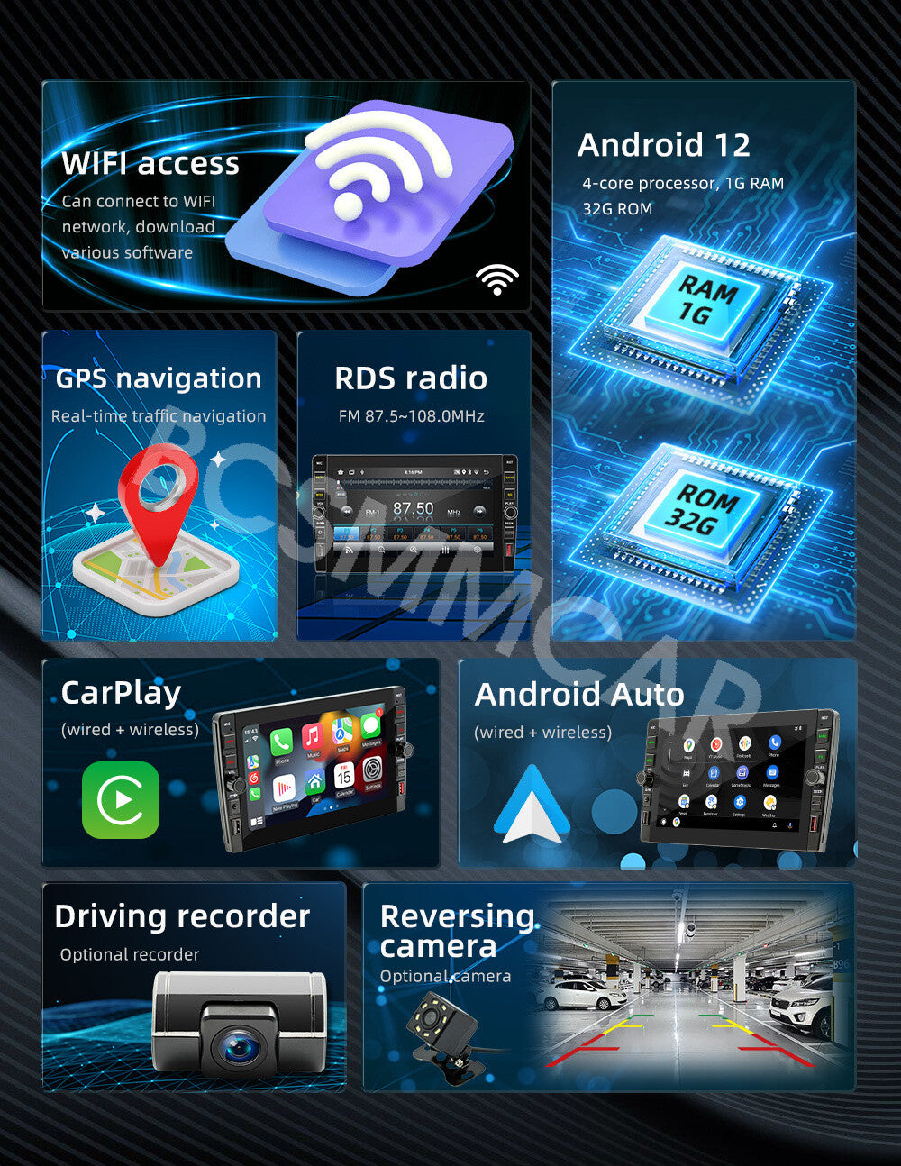 8in Android 12 For Apple Carplay Car Stereo Radio GPS Wifi 2 Din Backup Camera