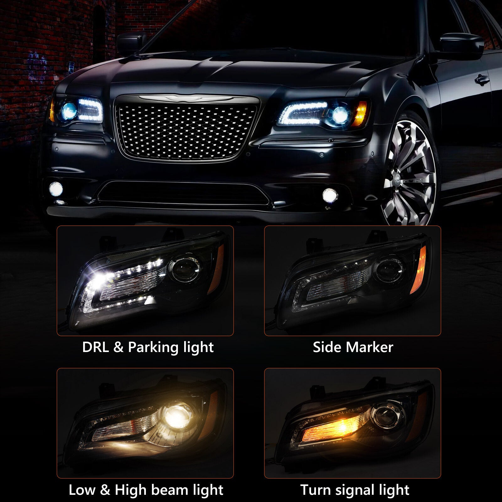 Driver Left For 2011-2014 for Chrysler 300 Black Halogen LED DRL Headlight Lamp