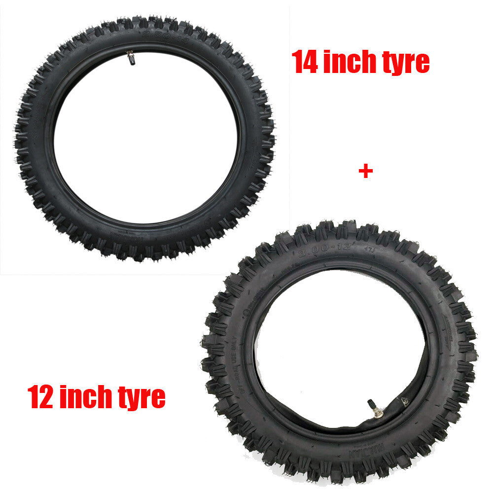 60/100-14 and 80/100-12 front and rear tires + inner tubes are suitable for Dirt Pit bicycles and Knobby tires.