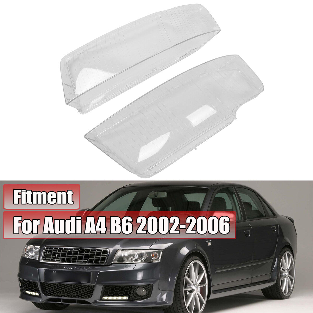A pair of clear lens covers for left and right headlights, suitable for Audi A4 and B6 models from 2002 to 2005.