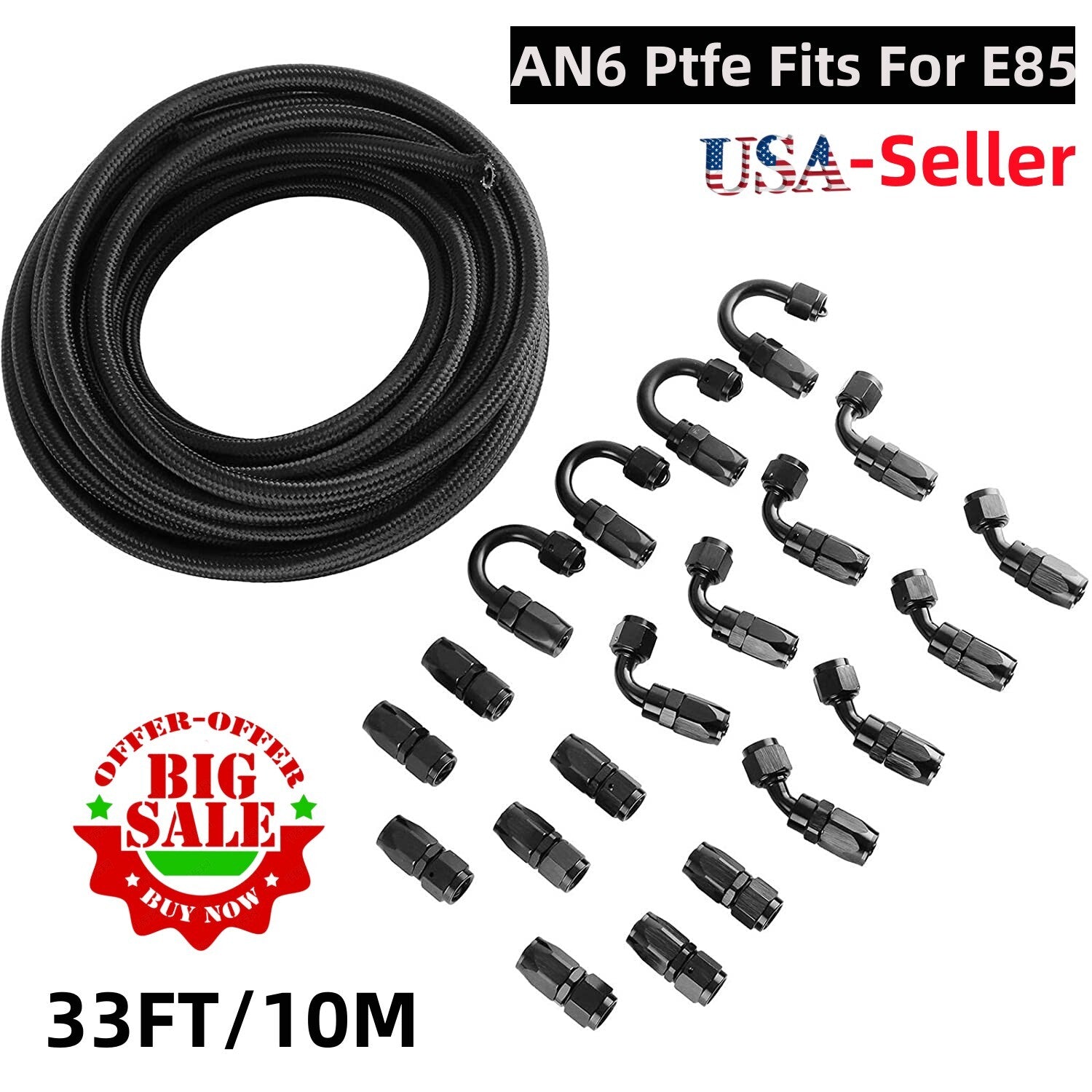 6AN Black Teflon E85 PTFE Fuel Wire 33ft 20 Accessory Hose E85 AN6 Fuel Wire Kit
