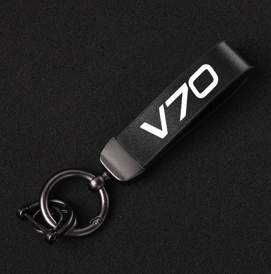 Black leather horseshoe buckle accessory for Volvo V70 car keychain/key ring.